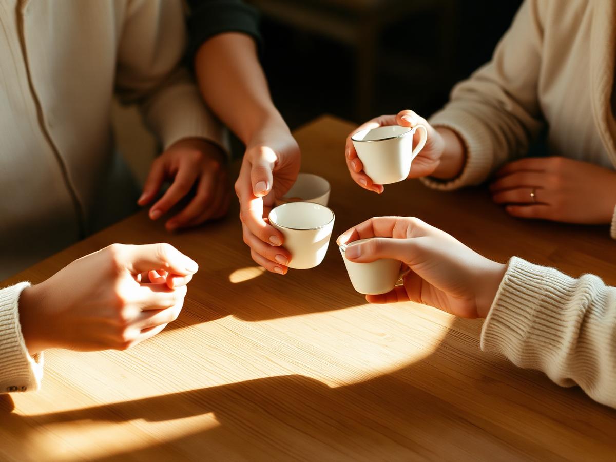 几双手围着木桌举起茶杯